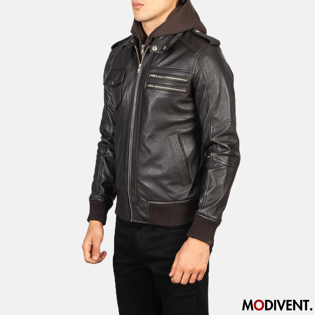 Modivent Brown Hooded Leather Bomber Jacket