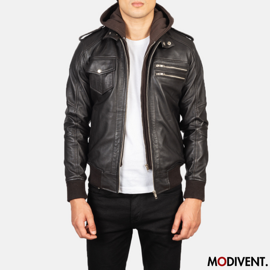 Modivent Brown Hooded Leather Bomber Jacket