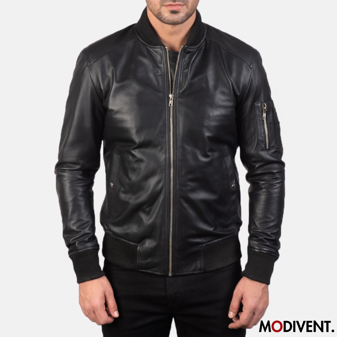 Modivent Bomia Black Leather Bomber Jacket