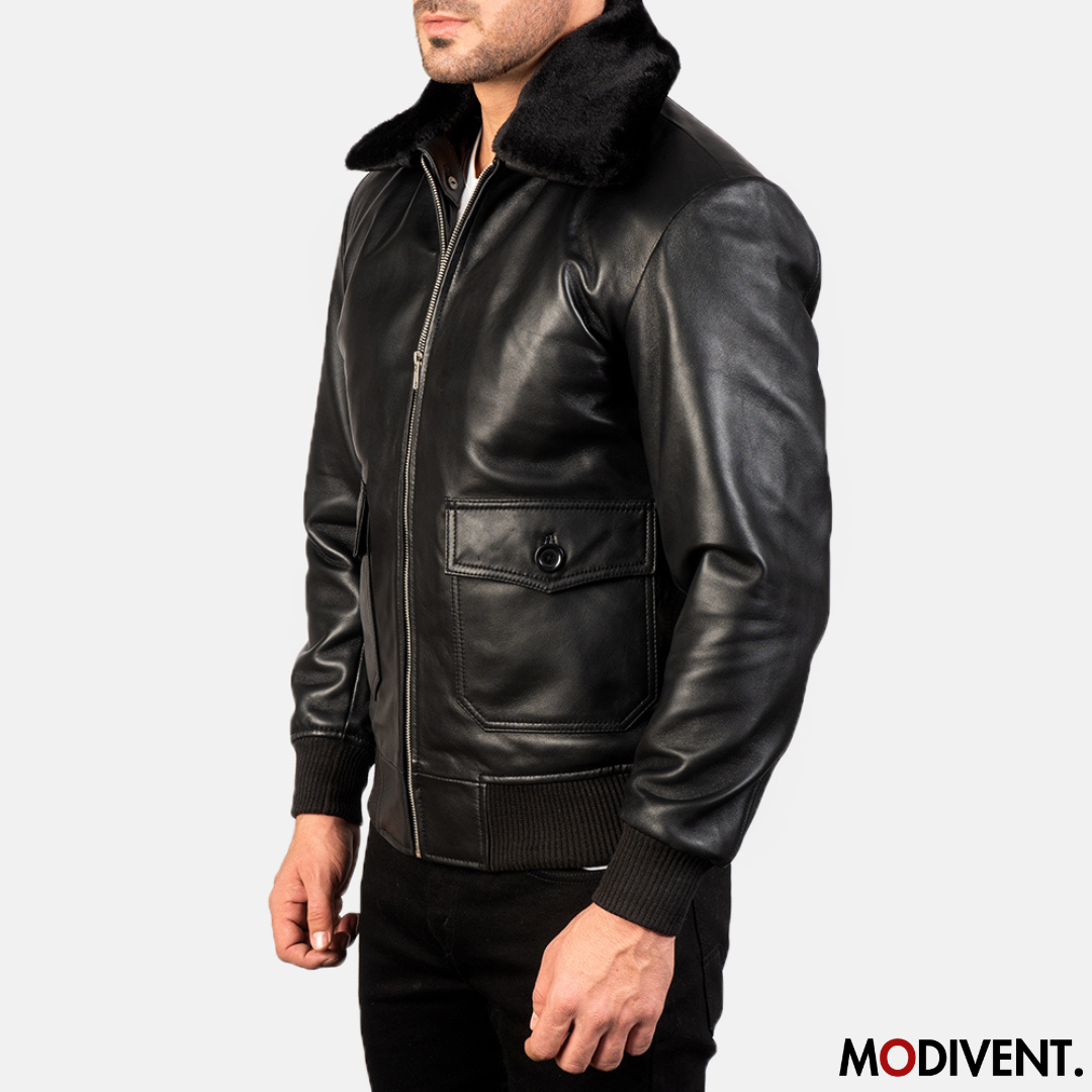 Modivent Black Leather Bomber Jacket