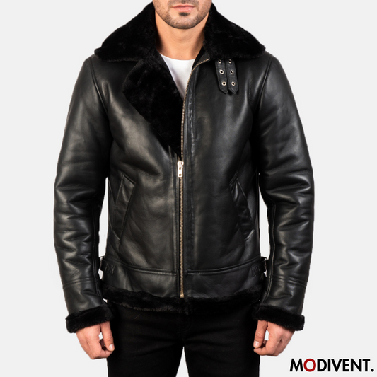 Modivent Black Leather Bomber Jacket