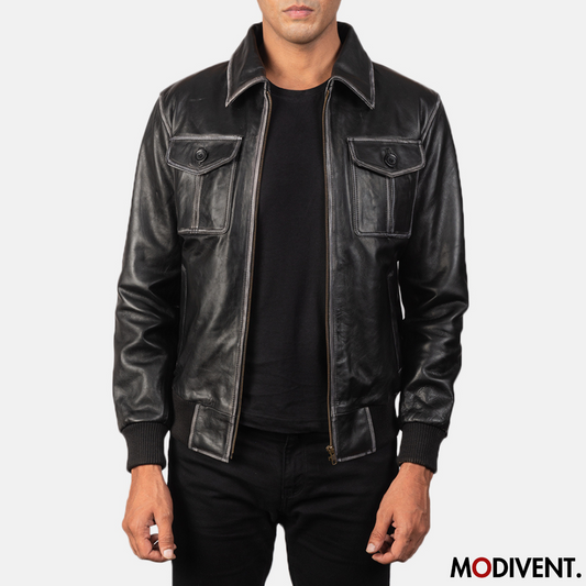 Modivent Aaron Black Leather Bomber Jacket