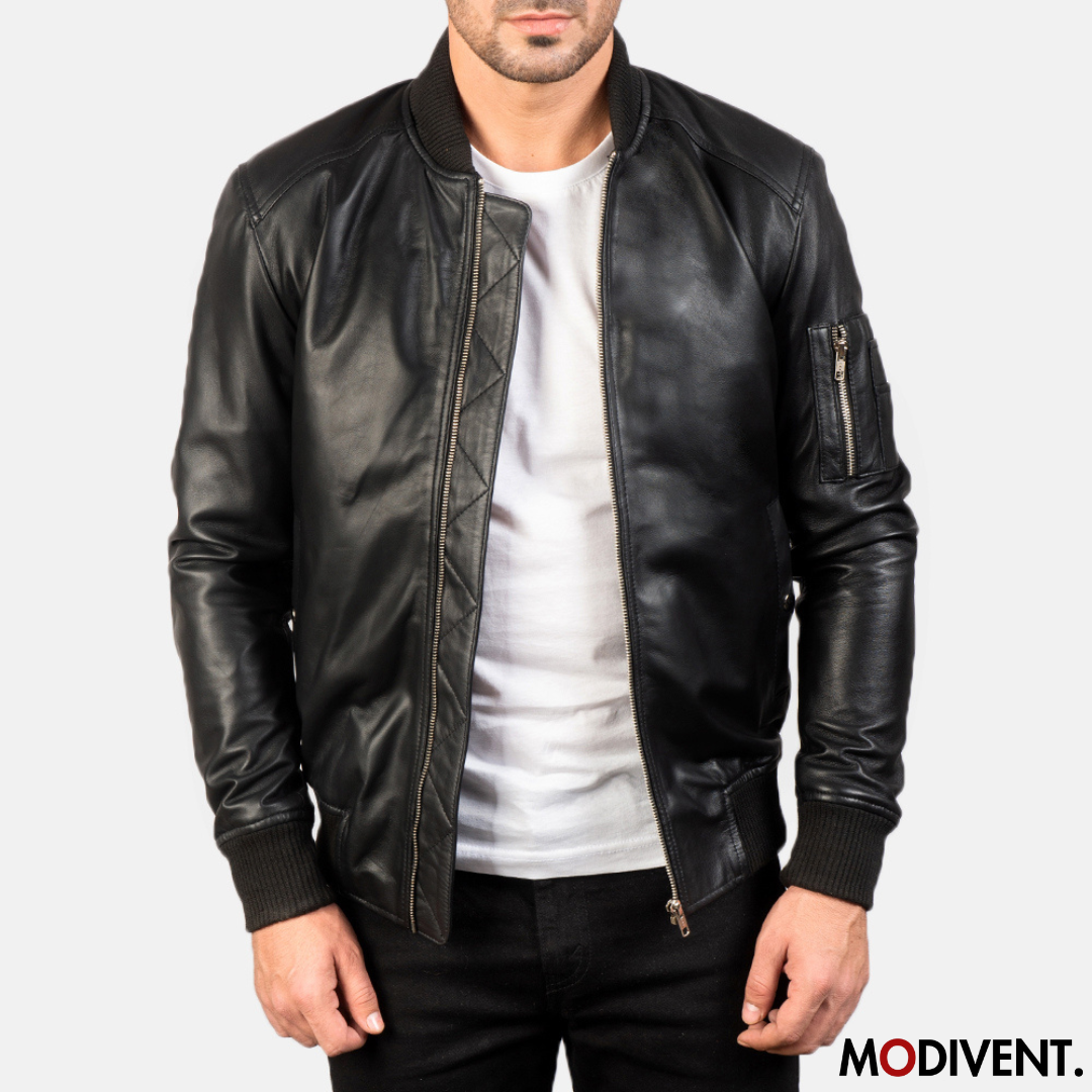 Modivent Bomia Black Leather Bomber Jacket