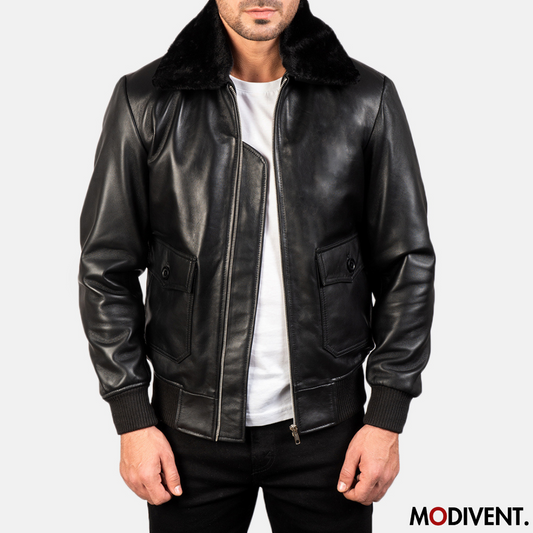 Modivent Black Leather Bomber Jacket