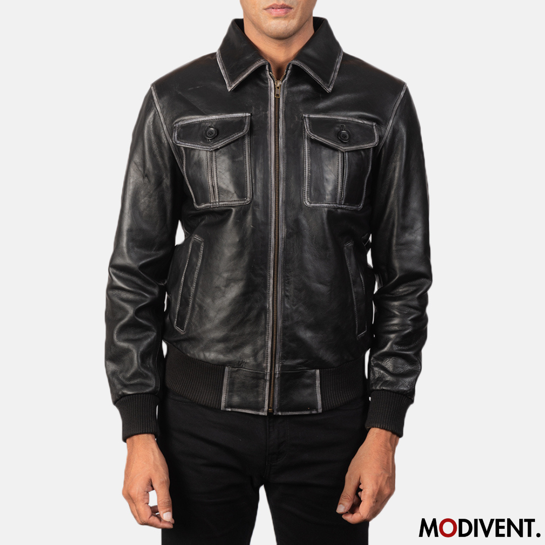 Modivent Aaron Black Leather Bomber Jacket