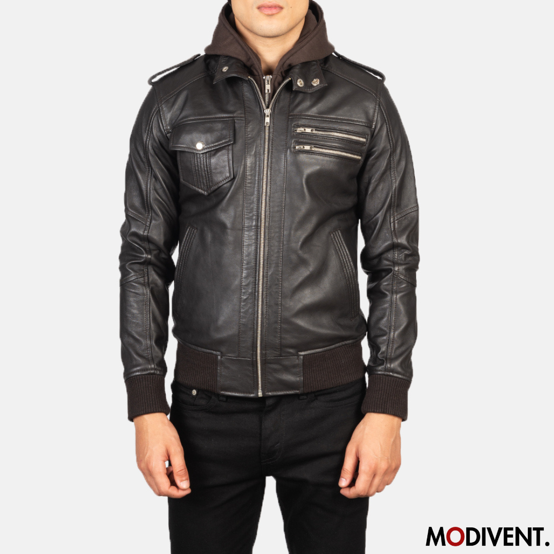 Modivent Brown Hooded Leather Bomber Jacket