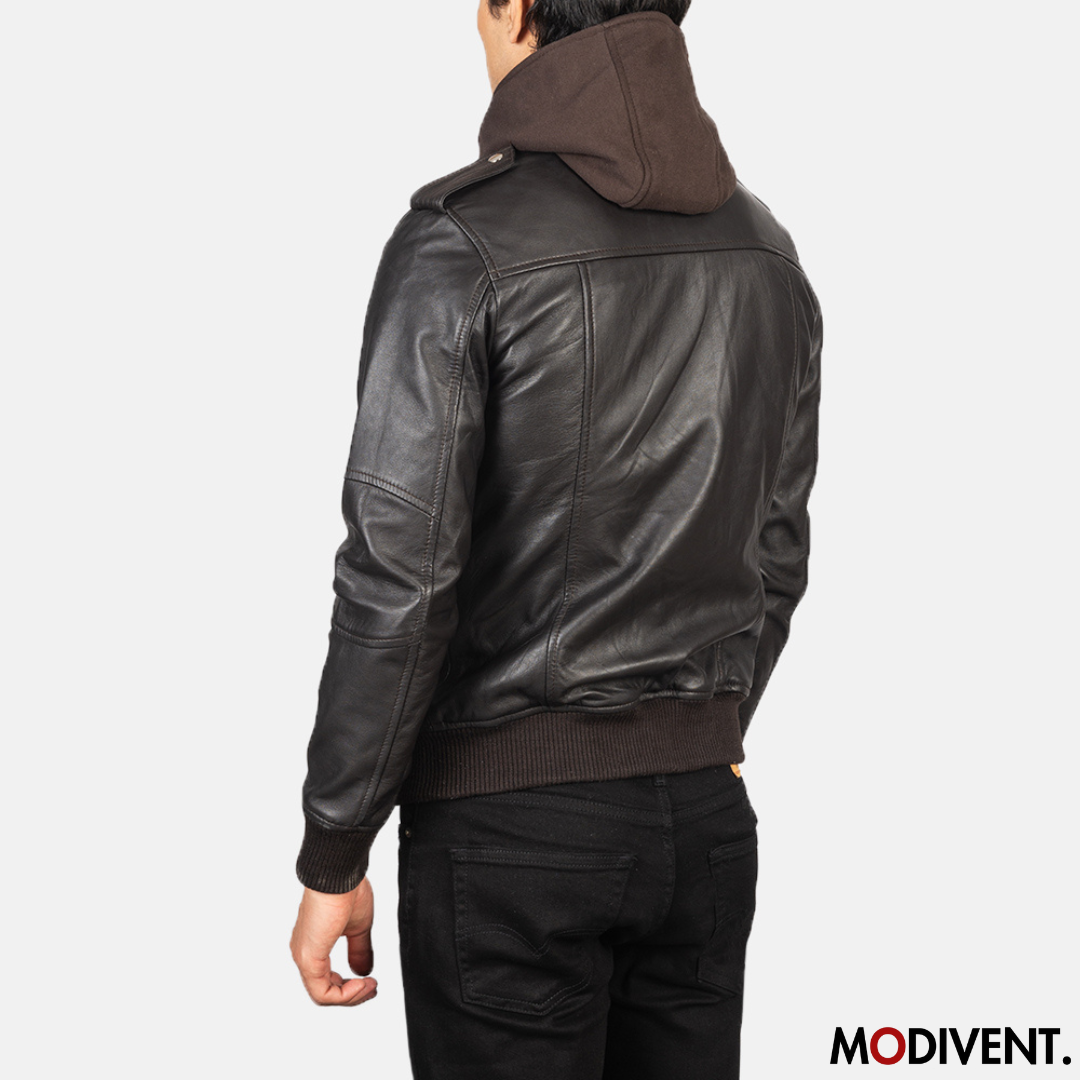 Modivent Brown Hooded Leather Bomber Jacket