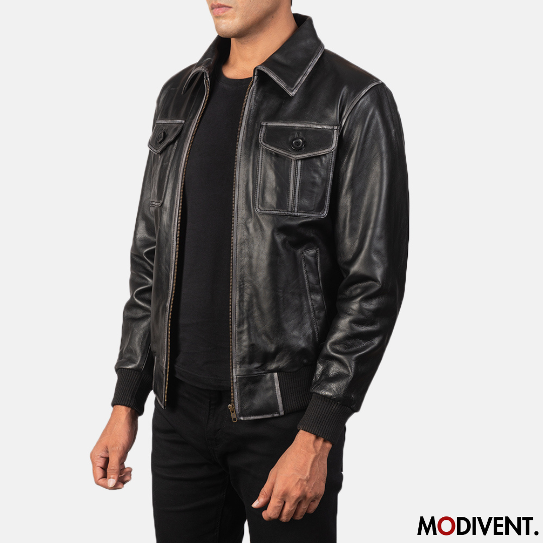 Modivent Aaron Black Leather Bomber Jacket