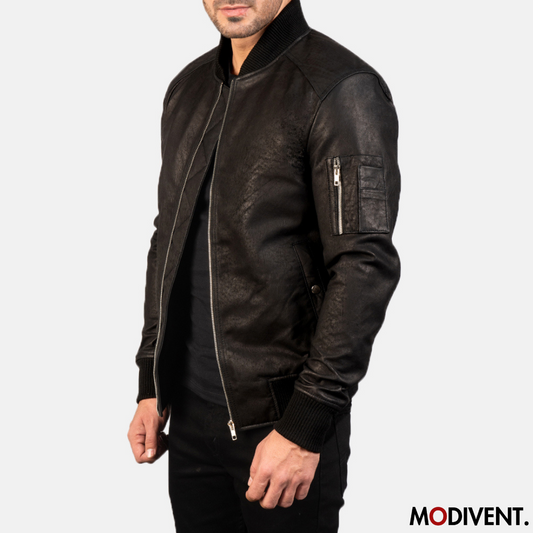 Modivent Bomia Distressed Black Leather Bomber Jacket